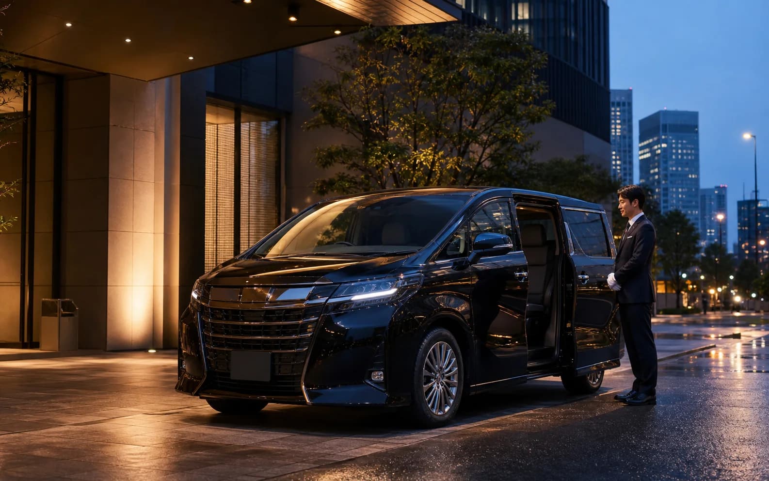 A GM LIMO chauffeur welcoming guests beside a premium minivan in Tokyo