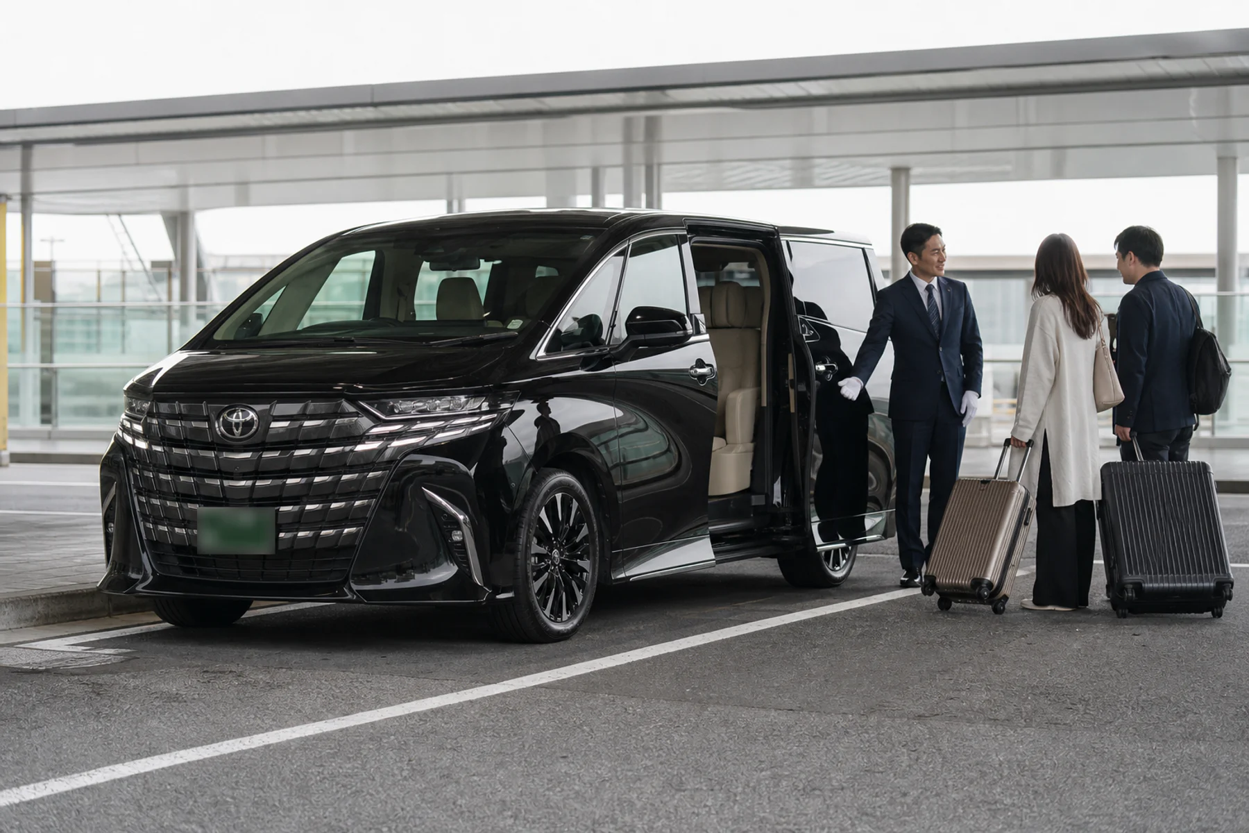 GM LIMO chauffeur assisting travellers with luggage beside a black Alphard in Japan